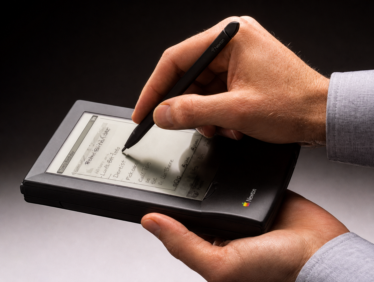 Initial design for the Newton MessagePad 100 (code-named Batman), with a curved upscaled image 271